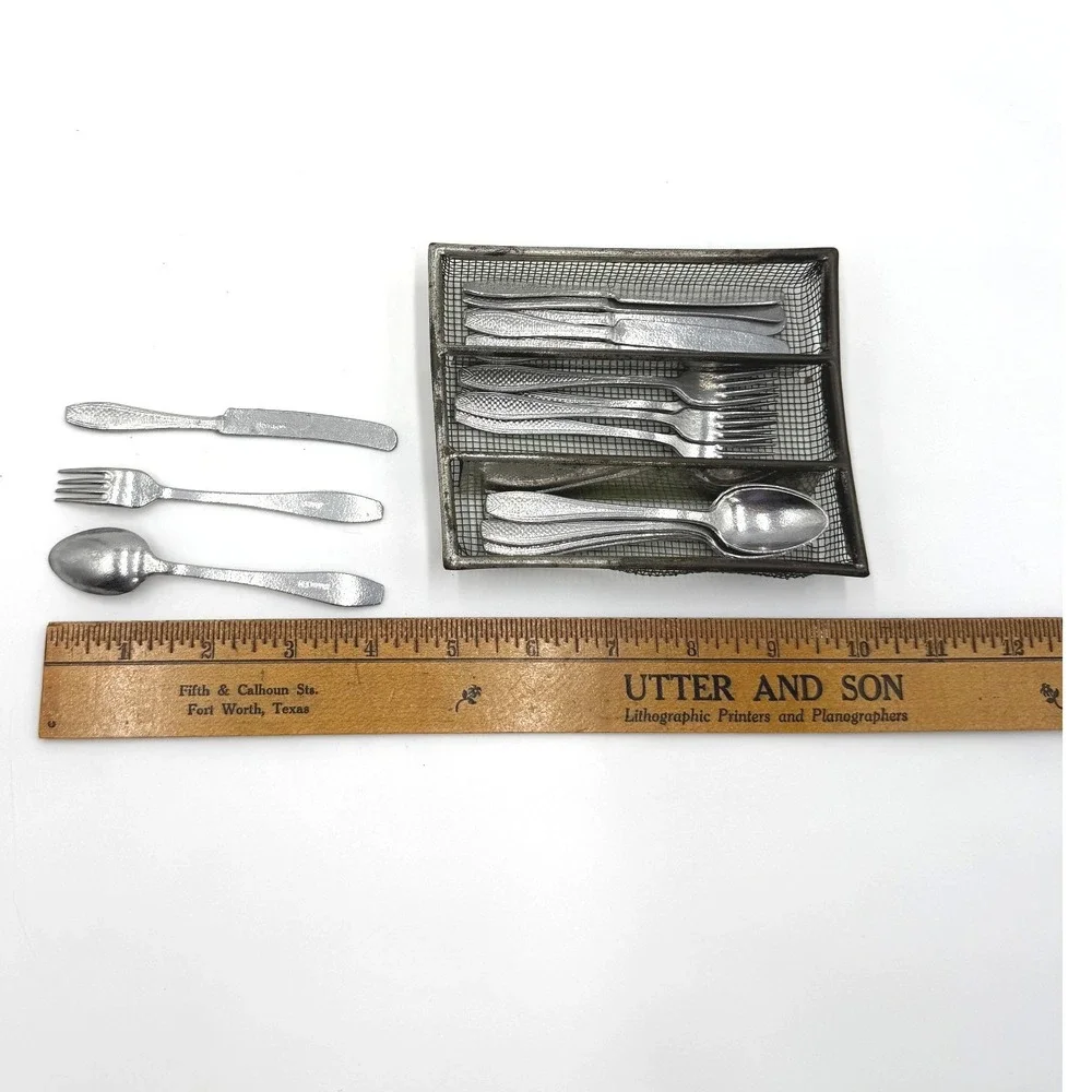 Vintage‎ German Dollhouse Metal Flatware Set – 18 Pieces + Wire Tray